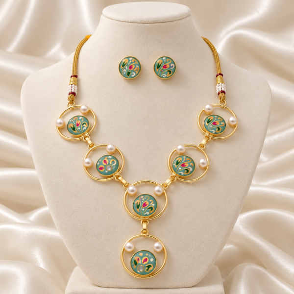 Mint Green Hand-Painted Monalisa Stone Necklace Set