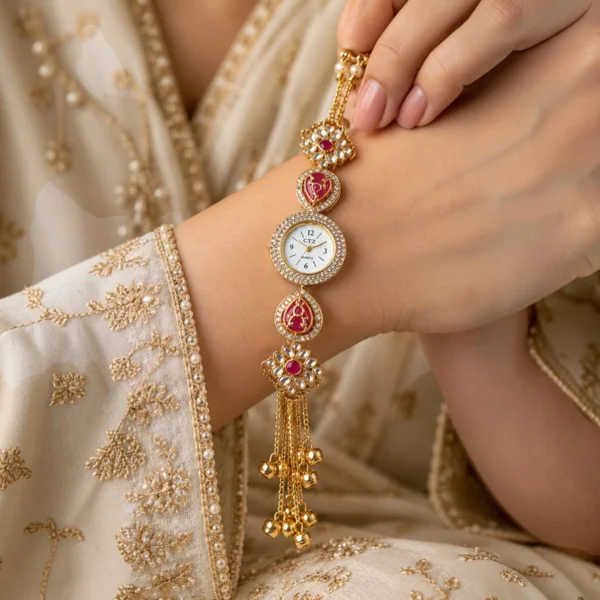 Traditional Kundan Tassel Bracelet Watch Worn By a Woman