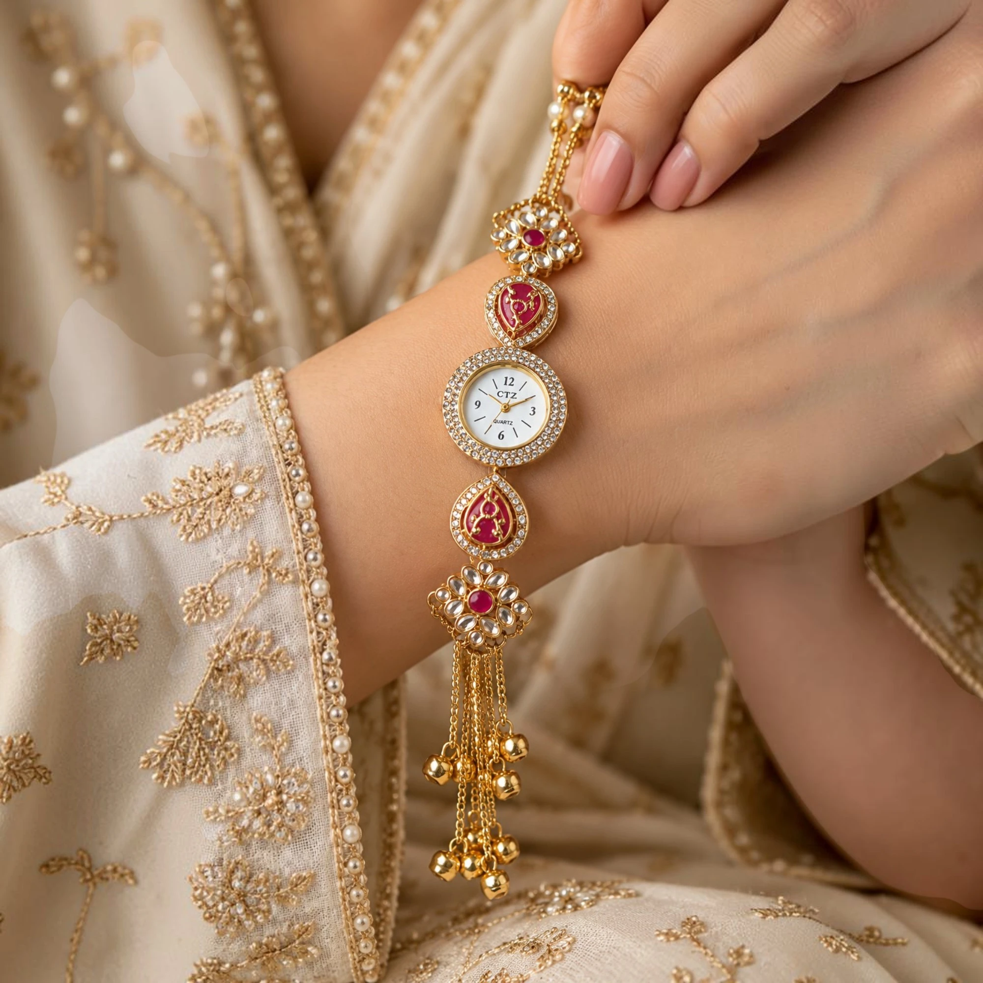 Traditional Kundan Tassel Bracelet Watch Worn By a Woman