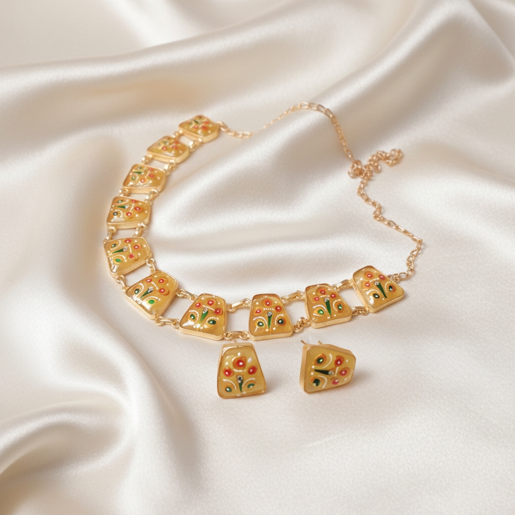 Yellow Tanjore Inspired Hand Painted Necklace Set - Image 2