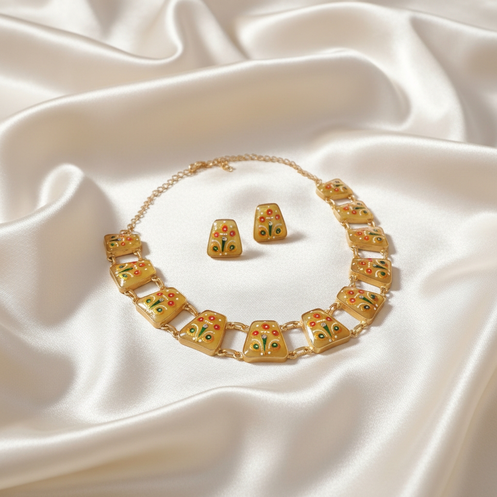 Yellow Tanjore Inspired Hand Painted Necklace Set - Image 3