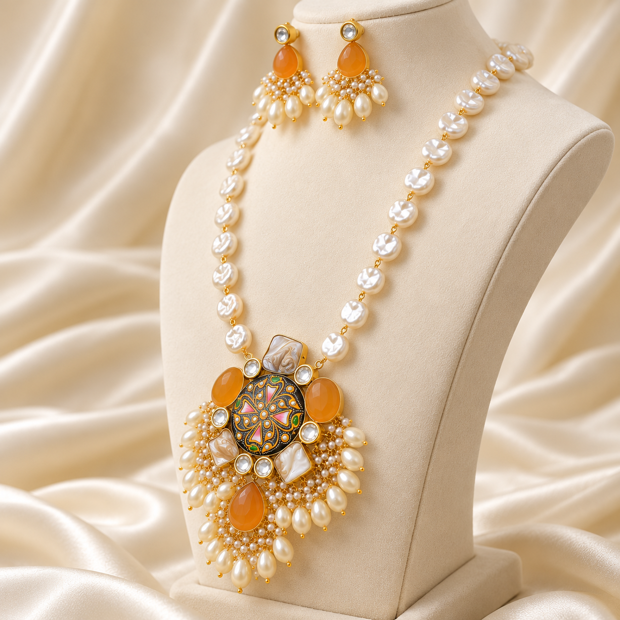 Black Tanjore-Inspired Monalisa Stone Long Necklace Set - Image 2