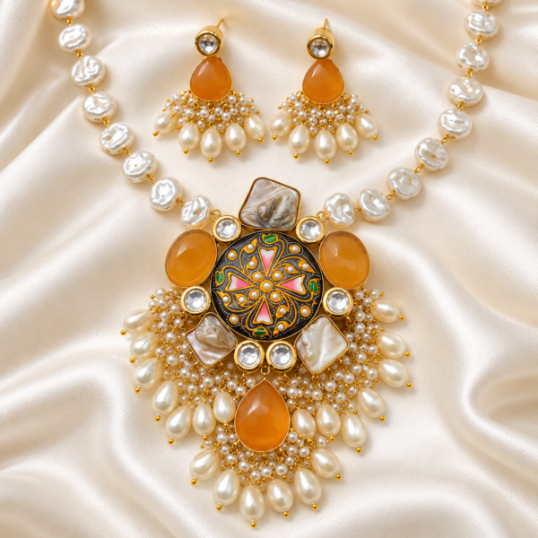 Black Tanjore-Inspired Monalisa Stone Long Necklace Set