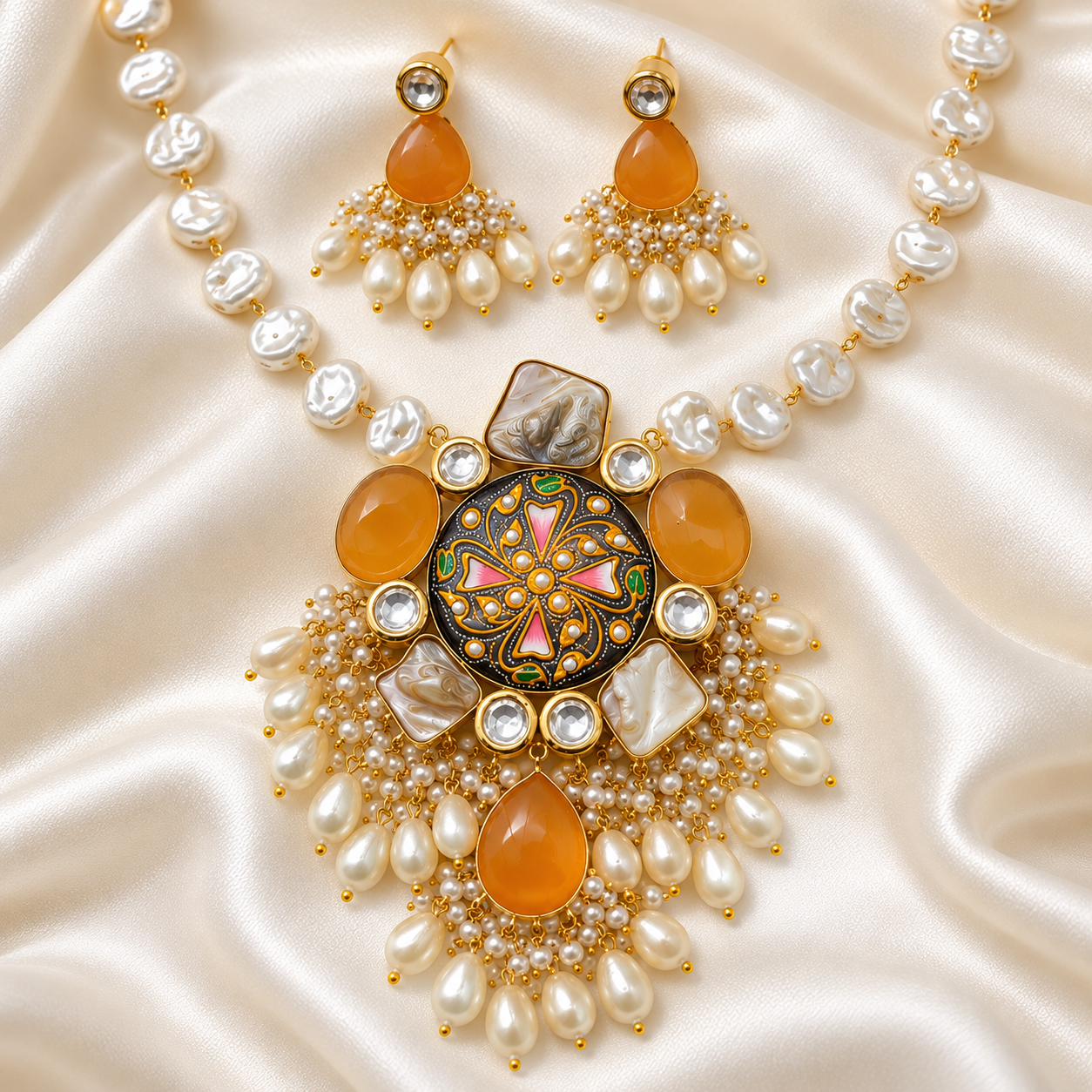 Black Tanjore-Inspired Monalisa Stone Long Necklace Set