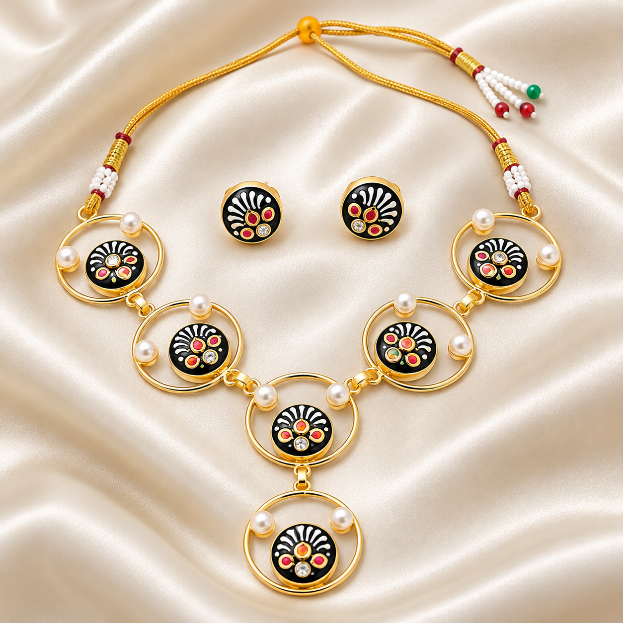Black Hand-Painted Monalisa Stone Necklace Set - Image 3