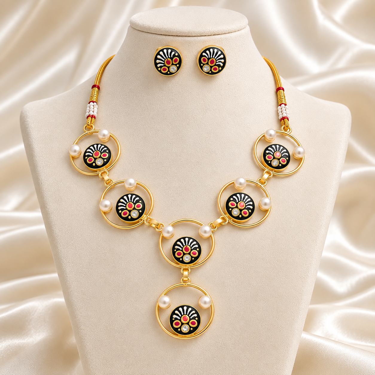 Black Hand-Painted Monalisa Stone Necklace Set