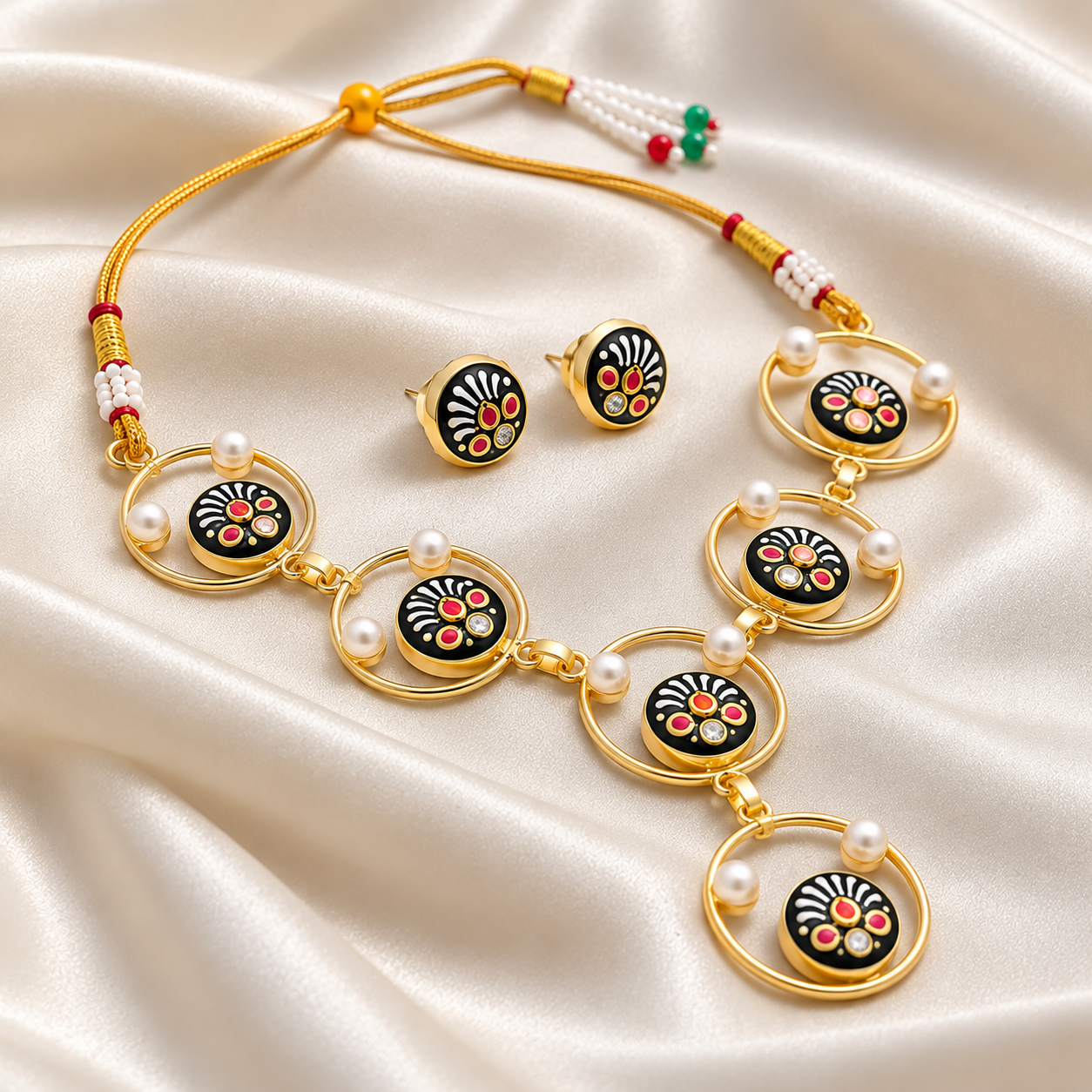 Black Hand-Painted Monalisa Stone Necklace Set - Image 2