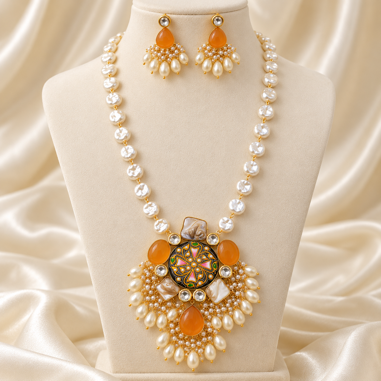 Black Tanjore-Inspired Monalisa Stone Long Necklace Set - Image 3