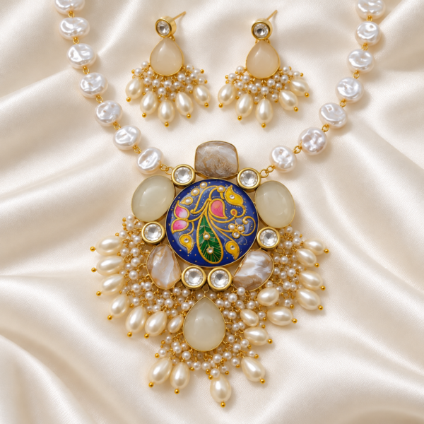 Royal Blue Tanjore-Inspired Monalisa Stone Long Necklace Set