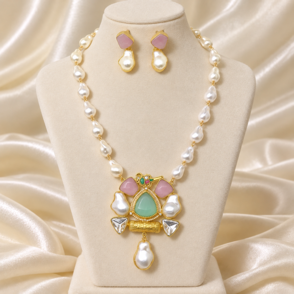 Mint-Pink Pastel Stone & Pearl Pendant Necklace Set
