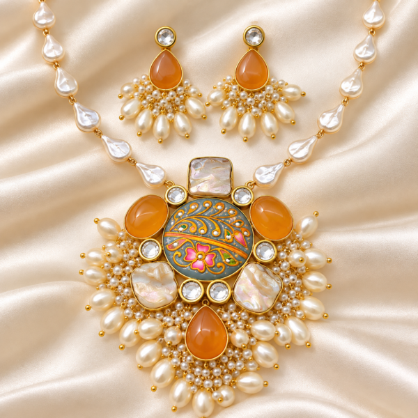 Mint Green Tanjore-Inspired Monalisa Stone Long Necklace Set