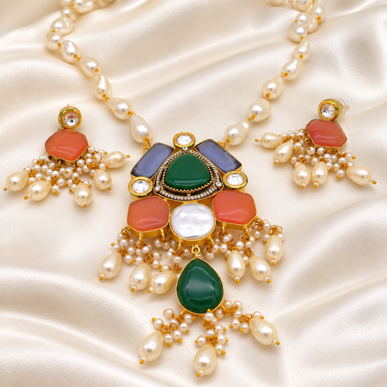 Multicolour Monalisa Stone & Pearl Pendant Necklace Set - Image 3
