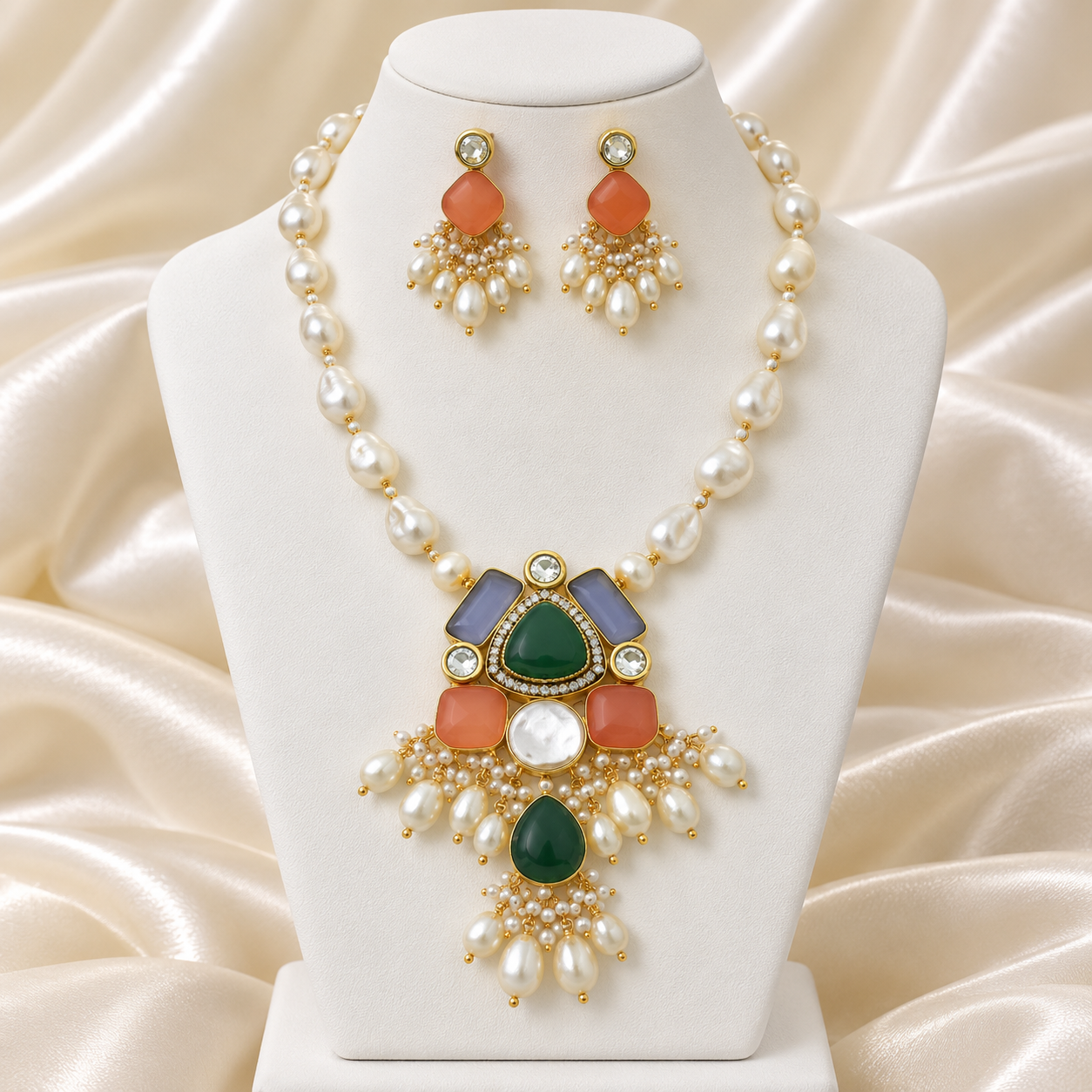 Multicolour Monalisa Stone & Pearl Pendant Necklace Set - Image 4