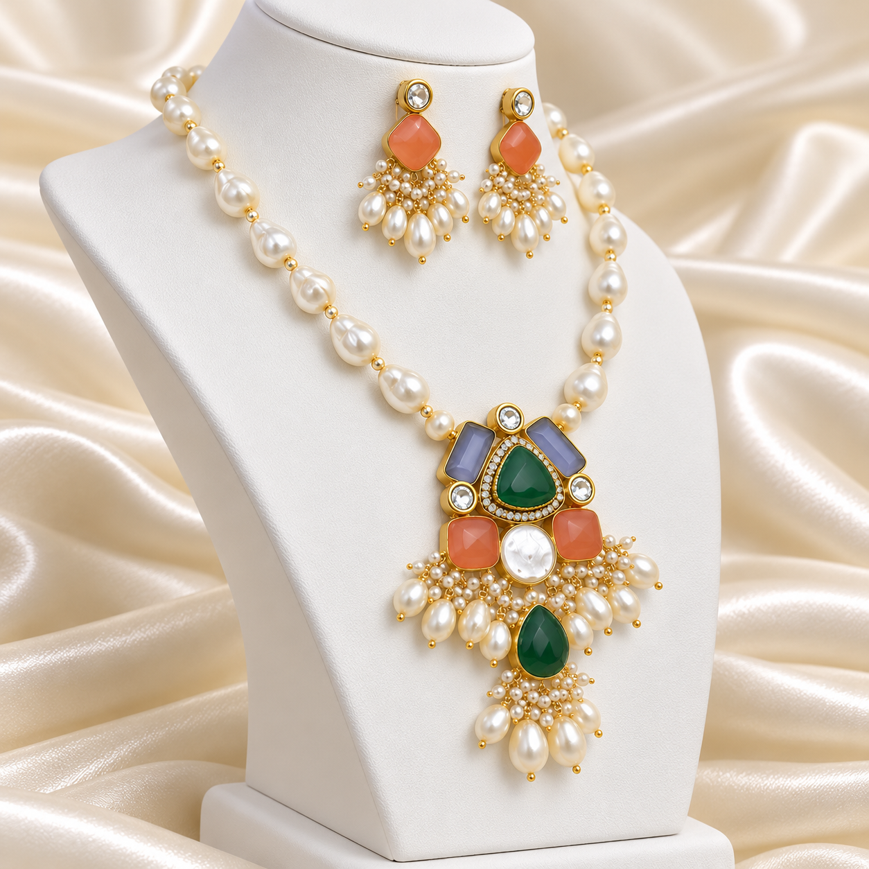 Multicolour Monalisa Stone & Pearl Pendant Necklace Set - Image 2