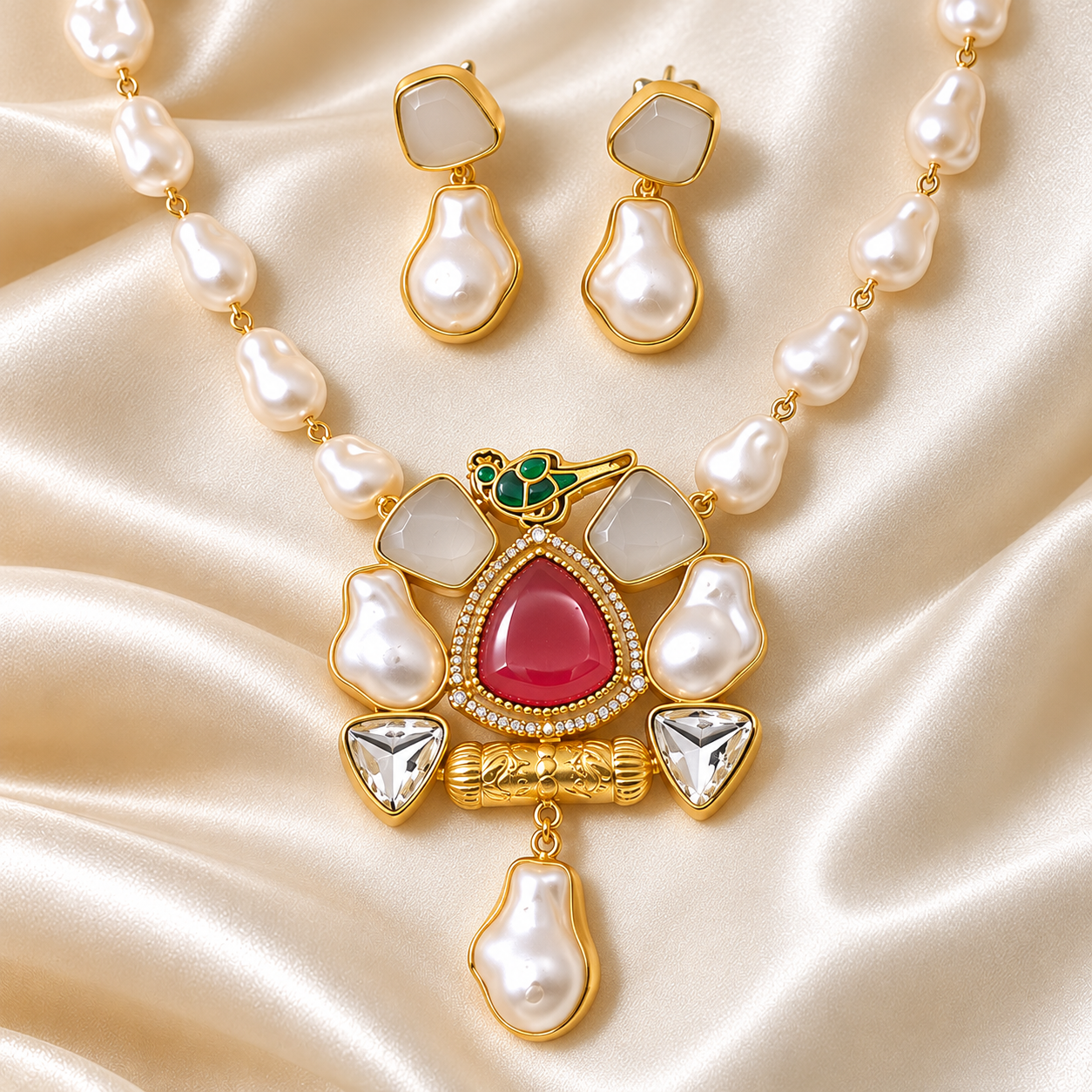 Ruby Red Pastel Stone & Pearl Pendant Necklace Set - Image 2