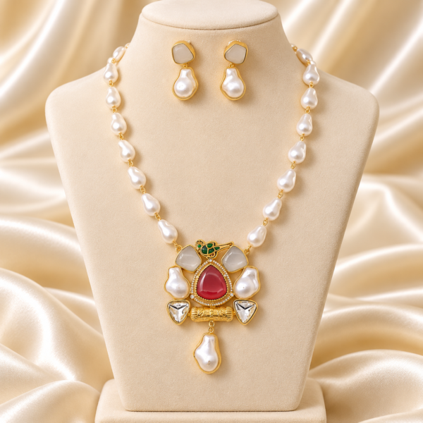 Ruby Red Pastel Stone & Pearl Pendant Necklace Set