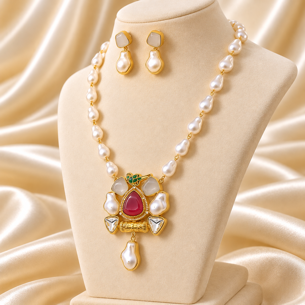 Ruby Red Pastel Stone & Pearl Pendant Necklace Set - Image 3