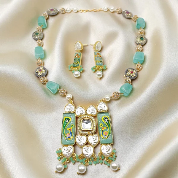 Tanjore Art Inspired Necklace Set - Mint