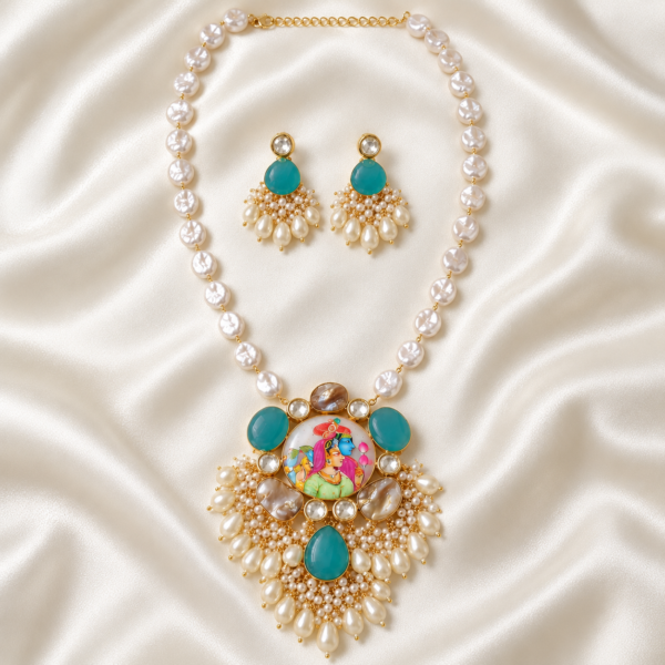 Turquoise Radha Krishna Tanjore-Inspired Monalisa Stone Long Necklace Set