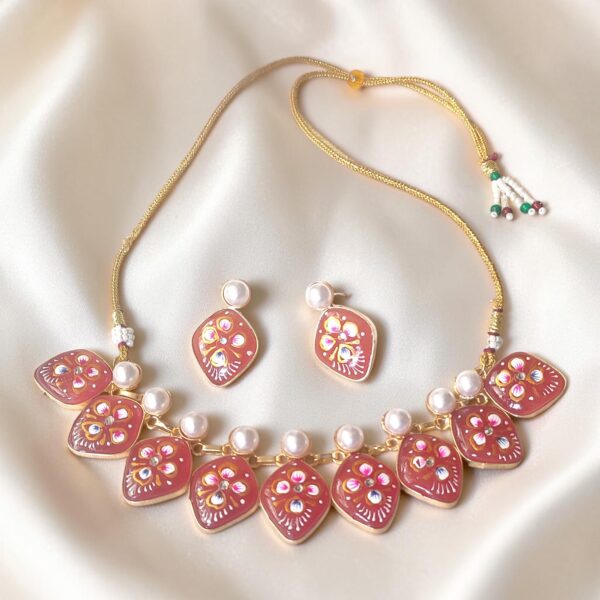 Pink Hand-Painted Monalisa Stone Tanjore Hasli Necklace Set