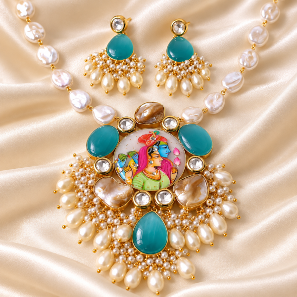 Turquoise Radha Krishna Tanjore-Inspired Monalisa Stone Long Necklace Set