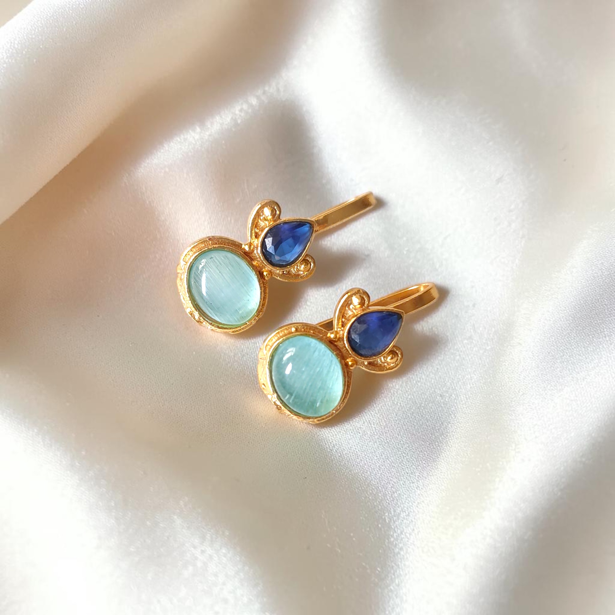 Pink and Sky Blue Monalisa Stone Gold Plated Bugadi Earrings Combo - Image 3