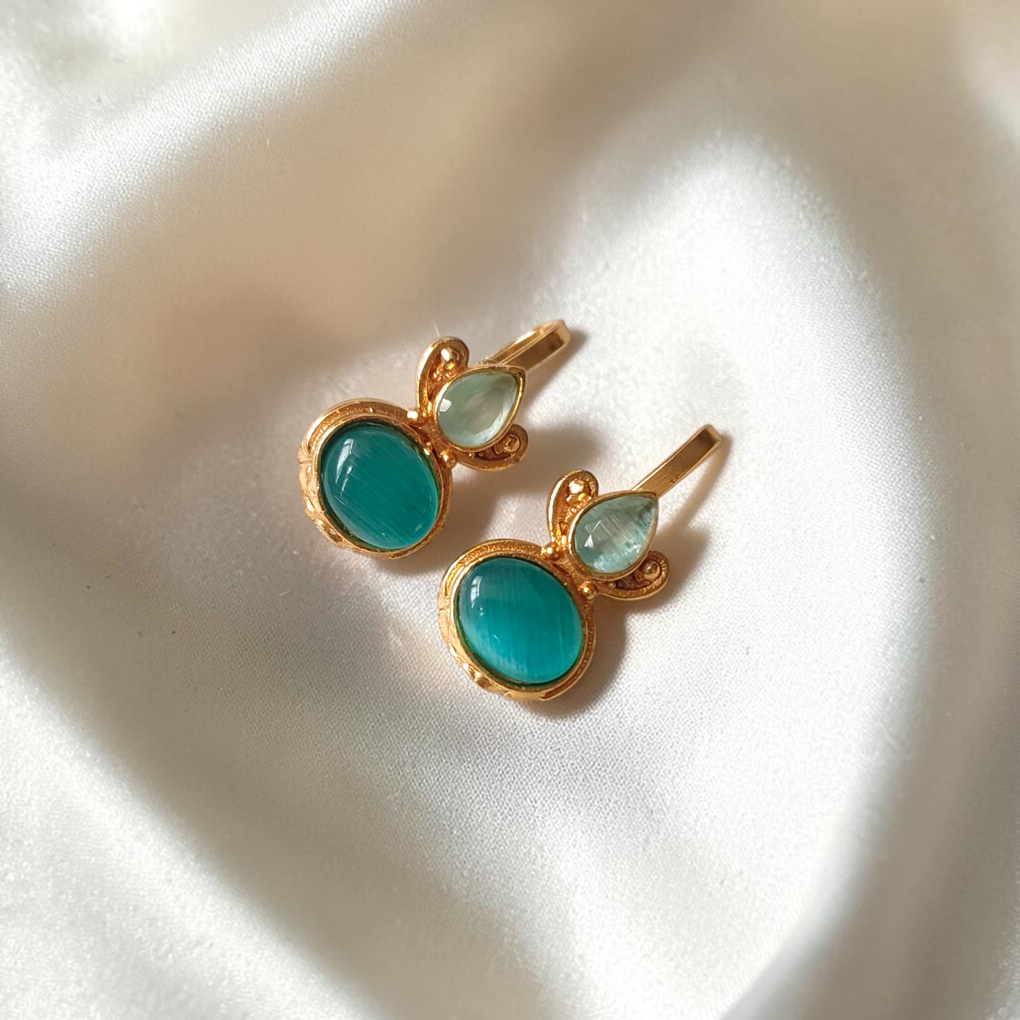 White and Turquoise Monalisa Stone Gold Plated Bugadi Earrings Combo - Image 3